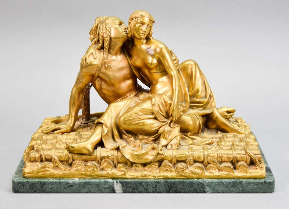 Lot 199: Signed JM Pollet Gilt Bronze Couple on Raft