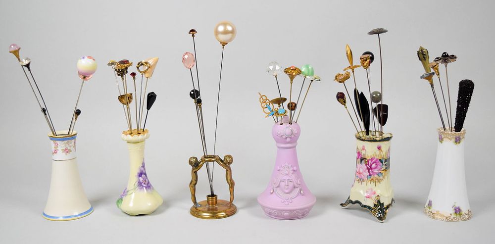 Lot 238: 43 Vintage Hatpins With Porcelain & Brass Holders