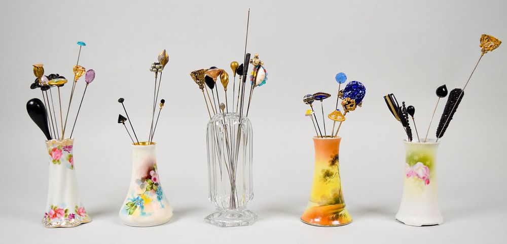 Lot 239: 40 Vintage Hatpins With Porcelain & Glass Holders