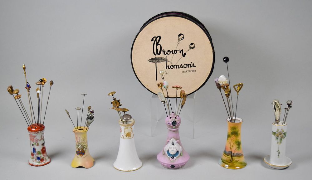 Lot 241: 42 Vintage Hatpins With Porcelain Holders, Box