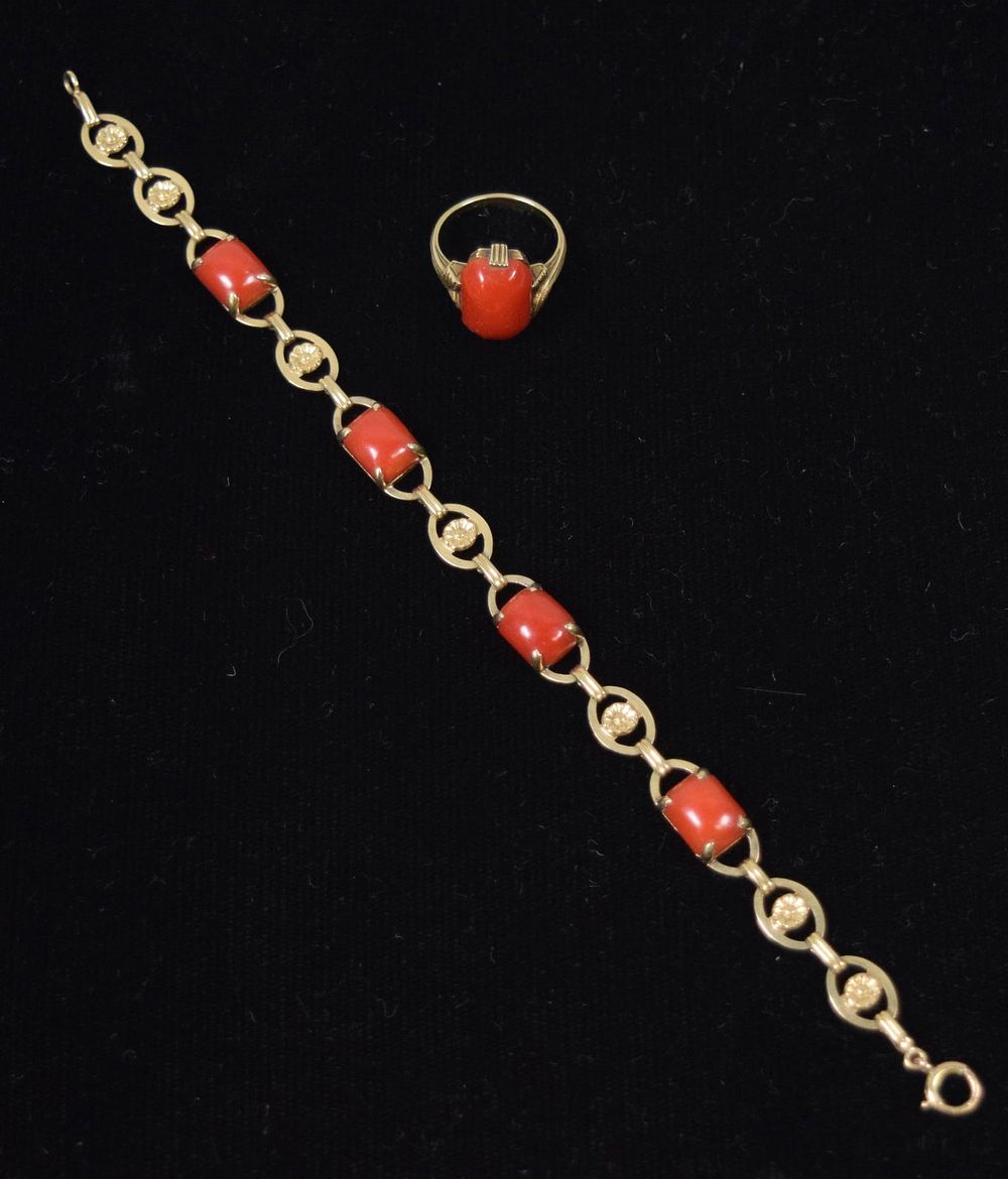 Lot 246: 14k Gold & Coral Bracelet & Ring Set