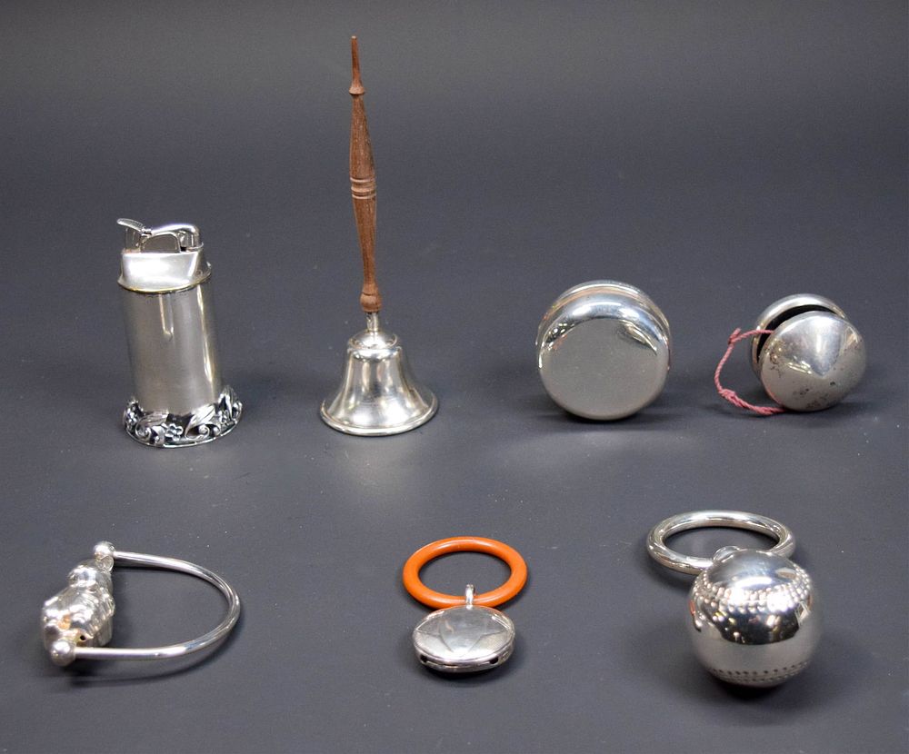 Lot 330: 7 Pieces Sterling & Silverplate Rattles, Yo-Yos