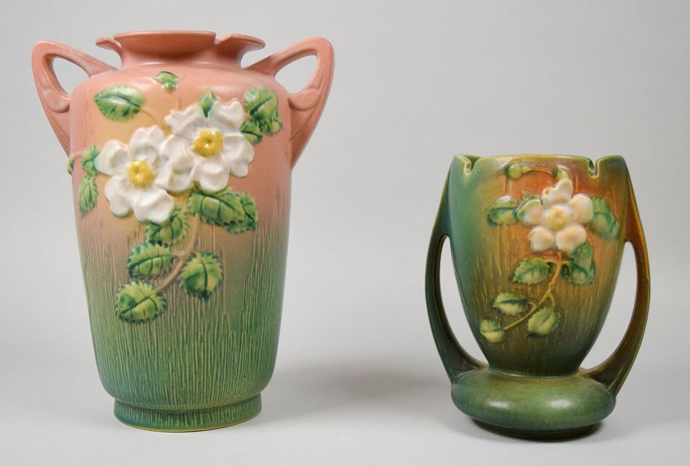 Lot 366: 2 Roseville Pottery Vases White Rose Pattern