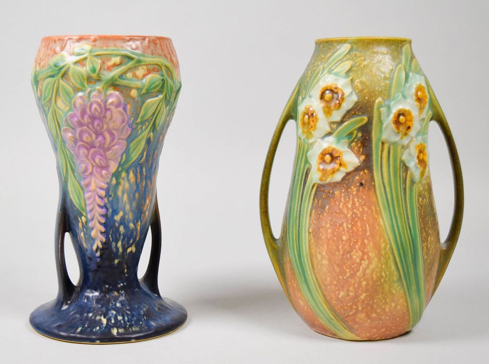 Lot 369: 2 Roseville Pottery Vases Wisteria & Jonquil