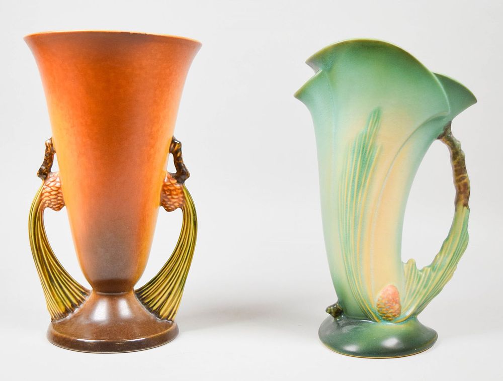 Lot 372: 2 Roseville Pottery Vases Pinecone Pattern