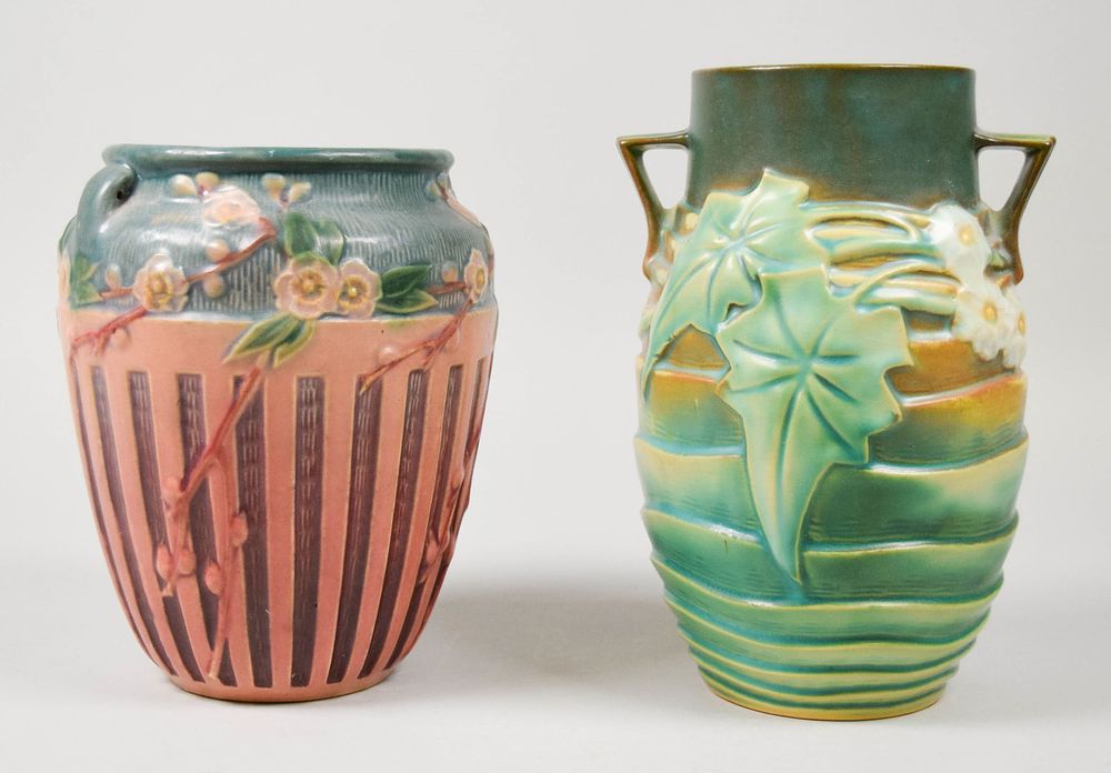 Lot 373: 2 Roseville Pottery Vases Cherry Blossom & Luffa