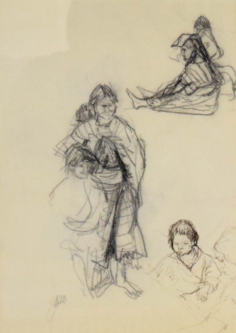 Lot 422: Signed JLM Charcoal Drawing Study Mother & Child