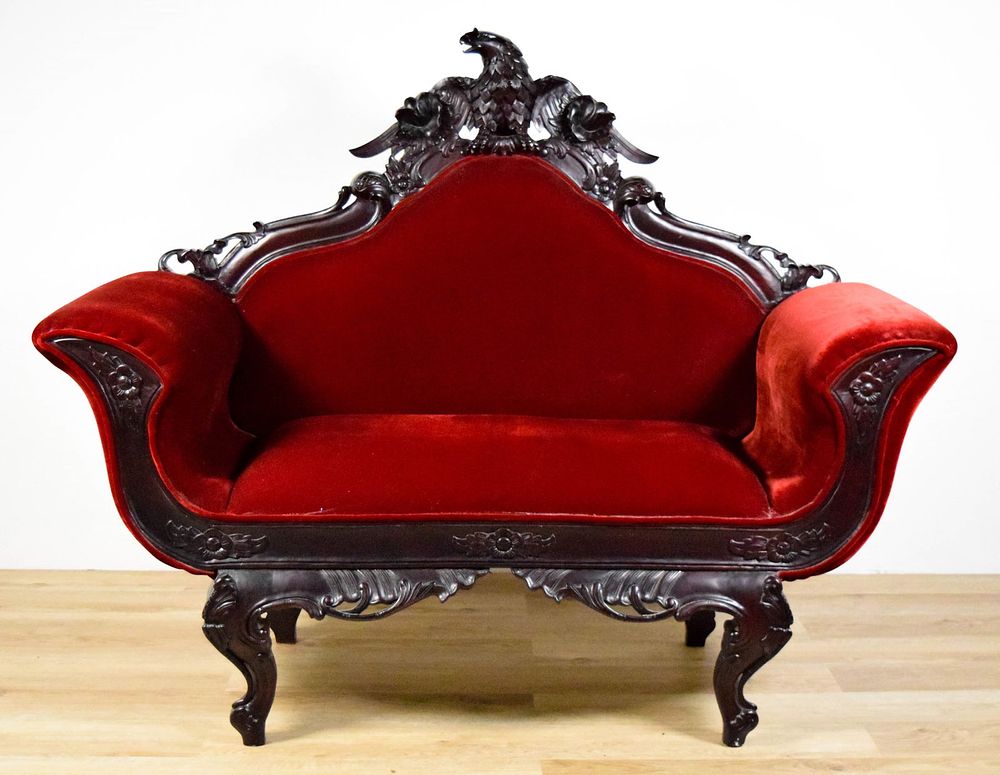 Empire Style Carved Sofa. Empire style sofa. Red upholstery, eagle carving. 62 1/2"L x ???"D x 
