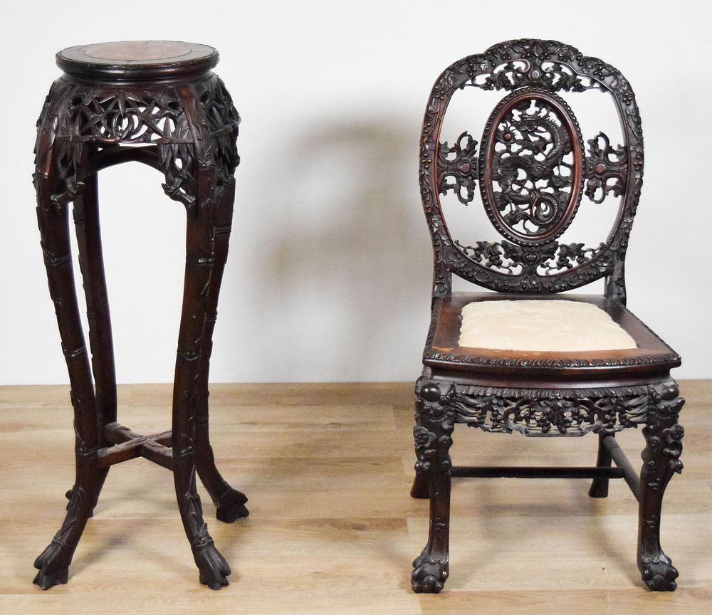 Lot 192: 2 Pieces Carved Chinese Furniture Stand & Chair