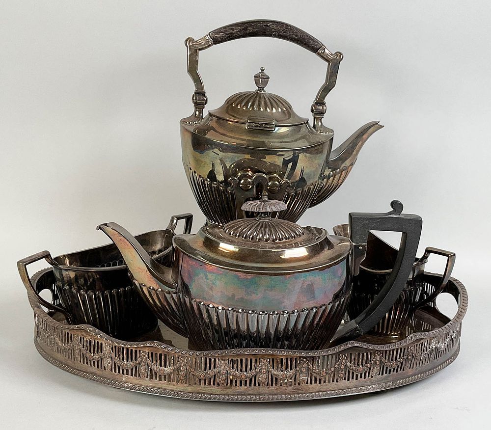 Lot 229: Silverplate Tea Set With Tiffany Kettle