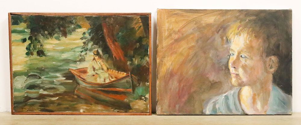 Lot 258: 2 Ronald Travisano Oils on Canvas Portrait & Boat