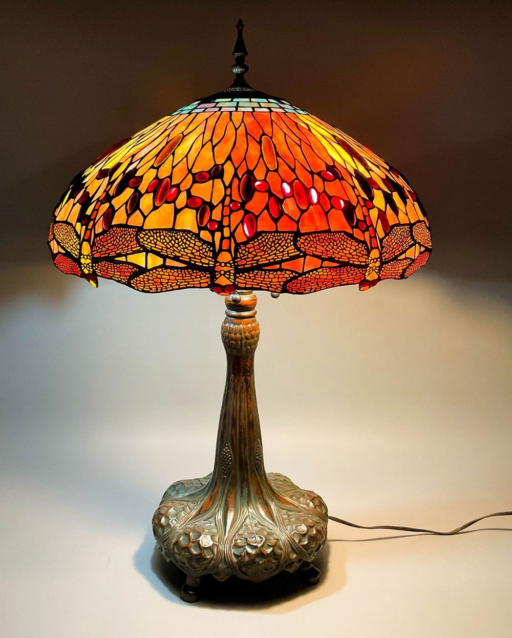Lot 280: Tiffany Style Stained Glass Dragonfly Lamp