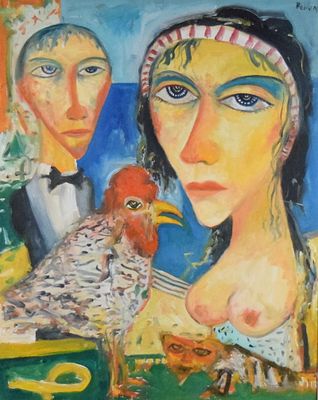 John Bellany Oil on Canvas Man, Woman, Cat, Bird. John Bellany (Scottish, 1942-2013). Oil on