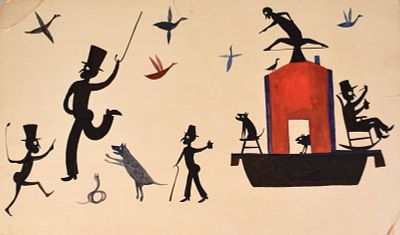 Bill Traylor Folk Art Painting on Cardboard. Bill Traylor (American, 1854-1947). Tempera on