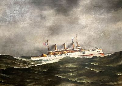 Maritime Oil on Canvas Great White Fleet. Oil on canvas, US battleship, Great White Fleet.