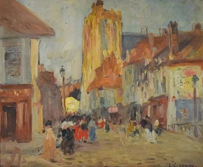 Augustus Koopman Oil on Wood Panel Street Scene. Augustus Koopman (American, 1869-1914). Oil on