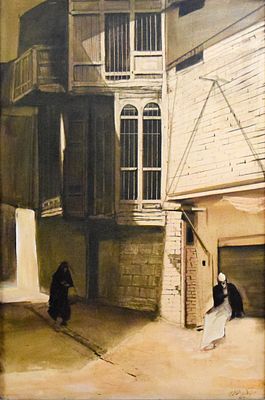 Shawkat Al Alousi Oil on Canvas Figures in City. Shawkat Al Alousi (Iraqi, 1948-). Oil on canvas