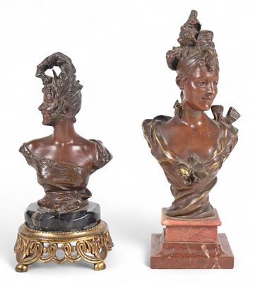 2 Bronze Busts Bruyneel & van der Straeten. 2 bronze sculptures, busts of women. Victor Leopold