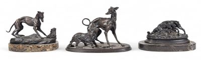 3 Bronze Dog Groups PJ Mene & Barye. 3 bronze dog groups. After Antoine-Louis Barye, hunt scene
