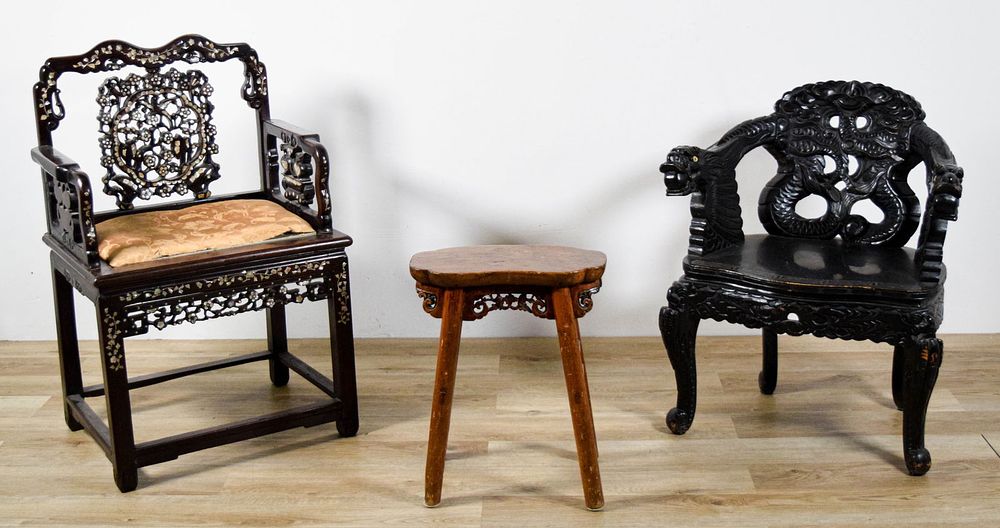 Lot 170: 3 Piece Chinese & Japanese Furniture Chairs, Stool