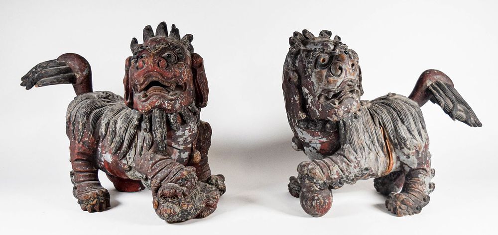Lot 176: Pair Of Carved Wooden Foo Dogs
