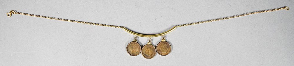 Lot 204: 18 Karat Gold Necklace With 3 Indian Head Pennies