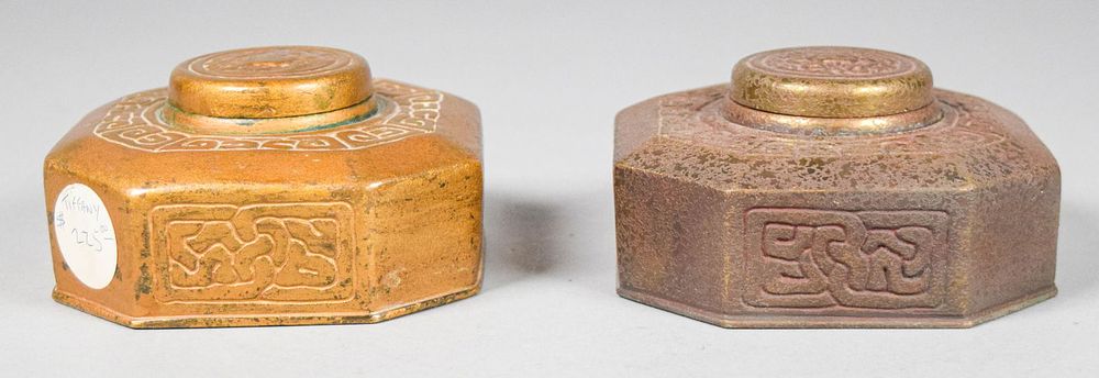 Lot 217: Pair Tiffany Studios Bronze Zodiac Inkwells