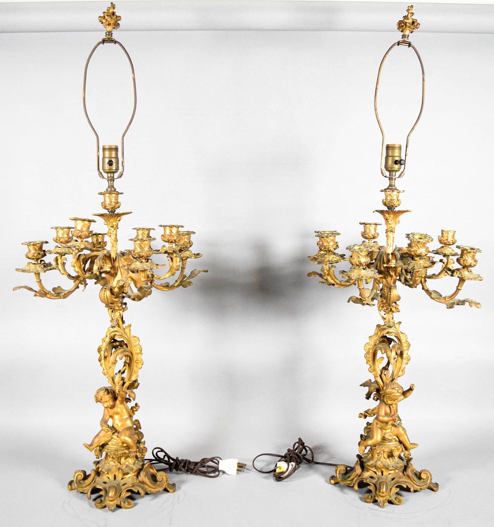 Lot 227: Pair of Gilt Bronze Figural Candelabra Lamps