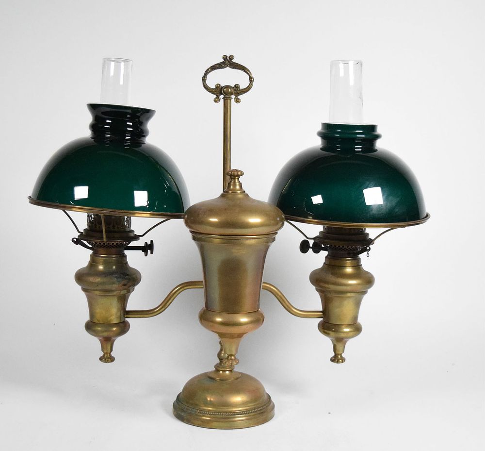 Lot 228: Brass Double Arm Student Lamp Emeralite Shades