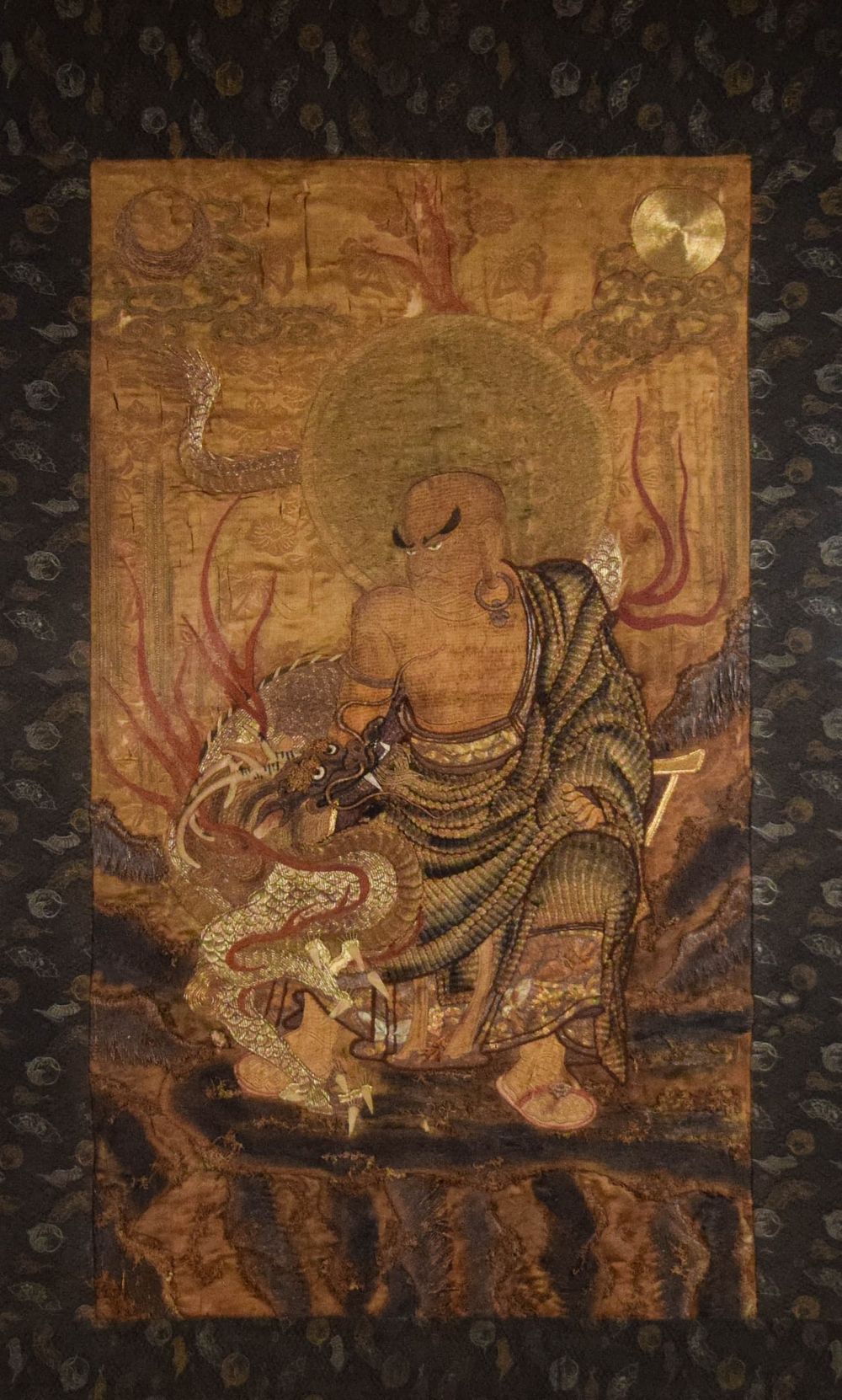 Lot 233: Taming Dragon Arhat Chinese Silk Embroidery