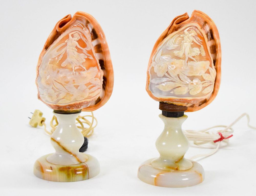 Lot 285: Pair Cameo Carved Conch Shell Lamps