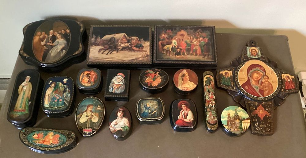 Lot 201: 17 Russian Lacquer Palekh Boxes and Cross