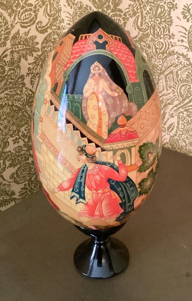 Lot 203: Large Hand Painted Russian Lacquered Wooden Egg