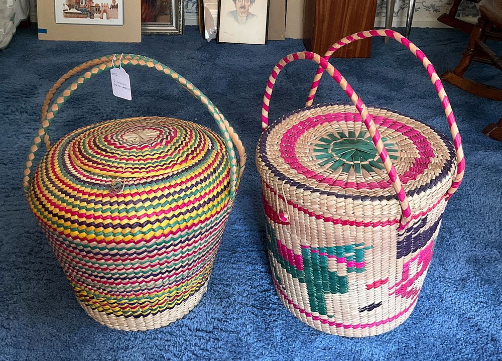 Lot 218: 2 Colorful Lidded Straw Baskets