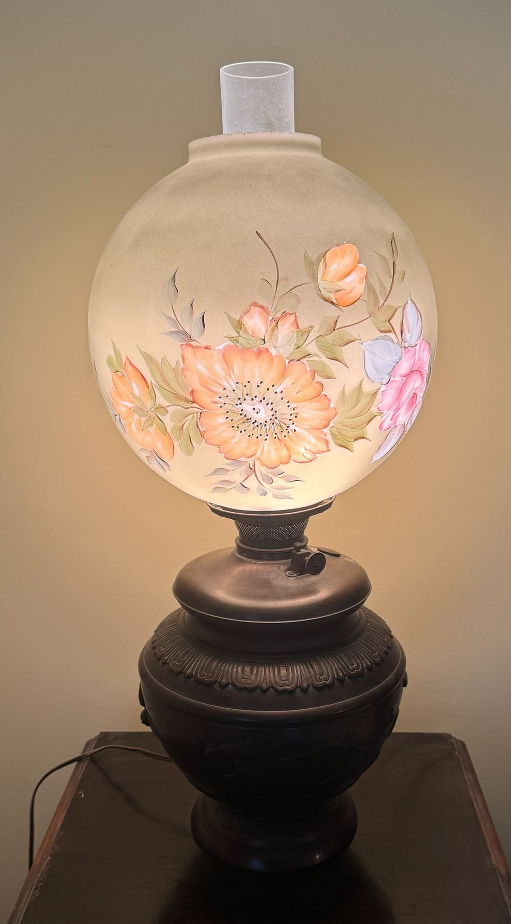 Lot 243: Hurricane Globe Lamp With Floral motif