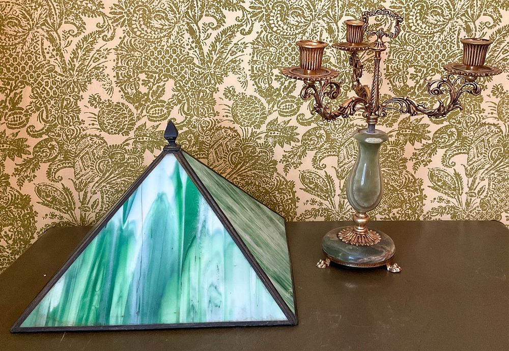 Lot 245: Pyramid Glass Lamp Shade Green Onyx Candelabra