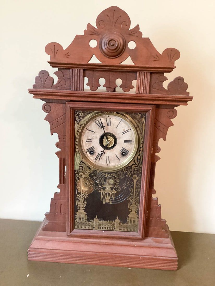 Lot 252: Antique 12 Day Wooden Tabletop Clock with Key