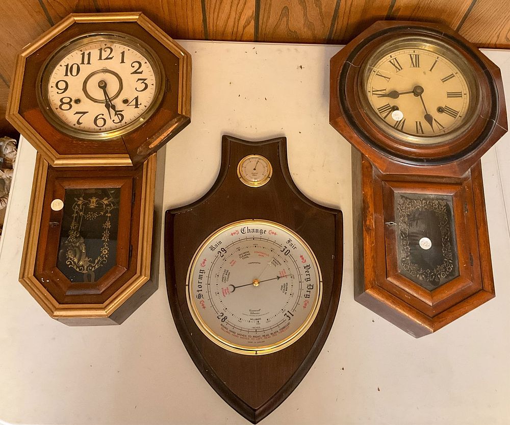 Lot 260: 2 Wooden Wall Clocks and 1 Barometer