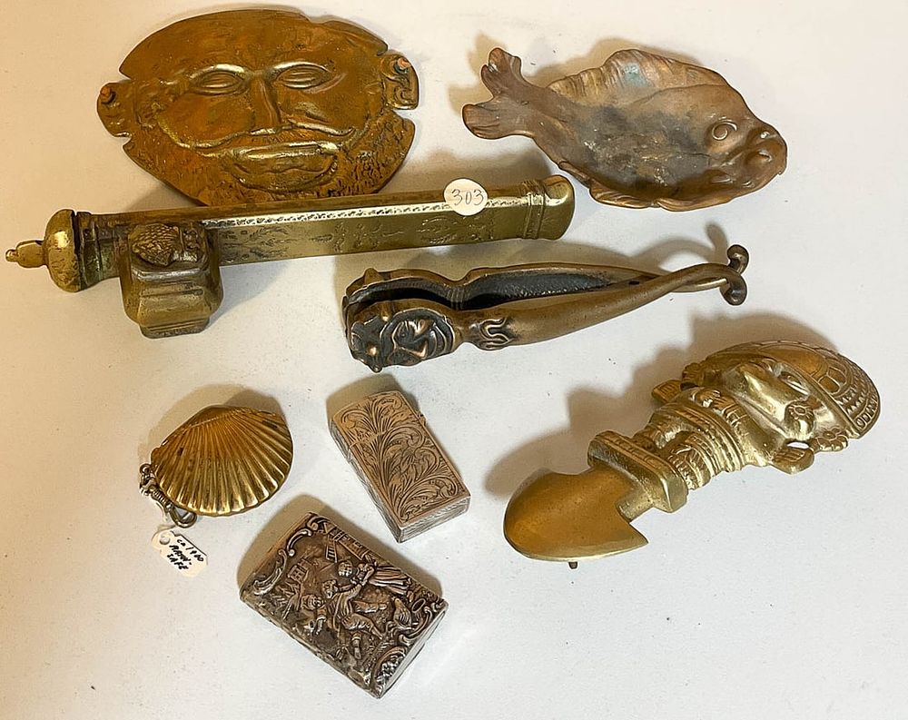 Lot 268: 8 Bronze Brass Sterling Plaques, Match Safes Nut