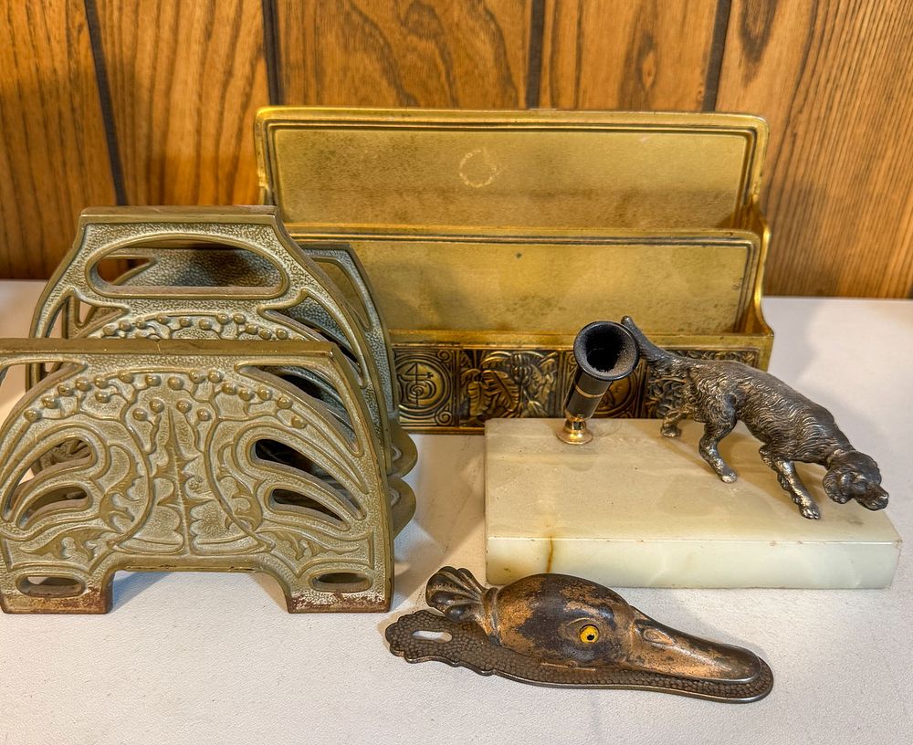 Lot 271: Tiffany Studios Bronze Letter Holder And Desk Set