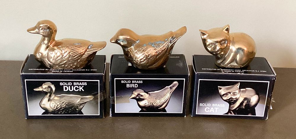 Lot 281: 3 Solid Brass Bird, Duck and Cat Figurines