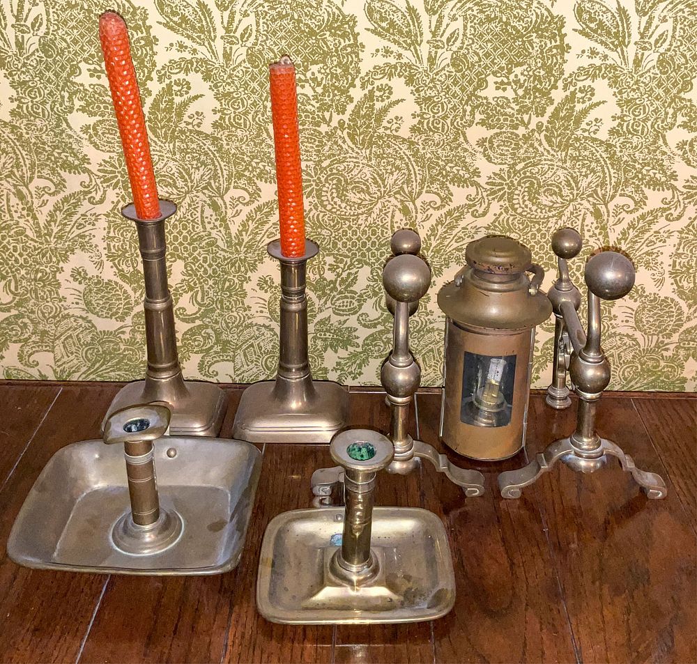 Lot 286: 7 - Brass Candle Holders, Copper Oil Lantern,