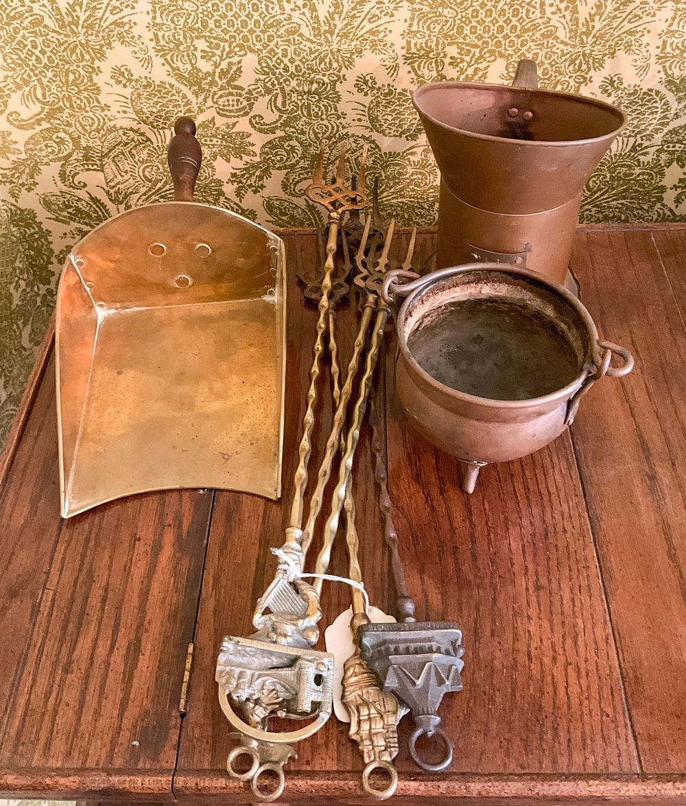 Lot 294: Copper Pitcher, Bowl, Brass Dustpan, Brass Forks