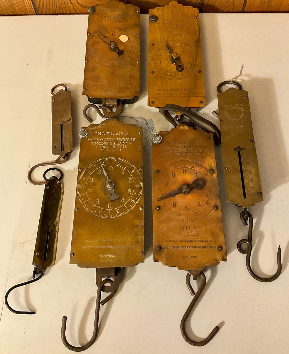 Lot 297: 7 Antique Brass Spring Scales Chatillon's Salters