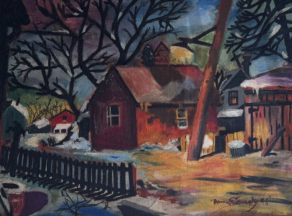 Lot 305: Mid Century Oil On Board Snow Covered House