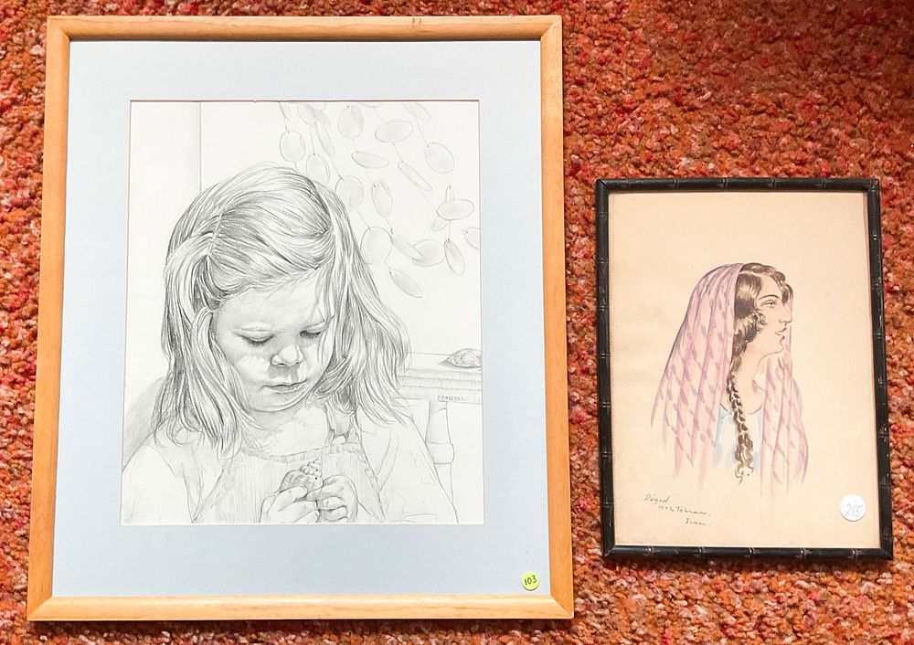 Lot 309: 2 Girls, Drawing and Watercolor