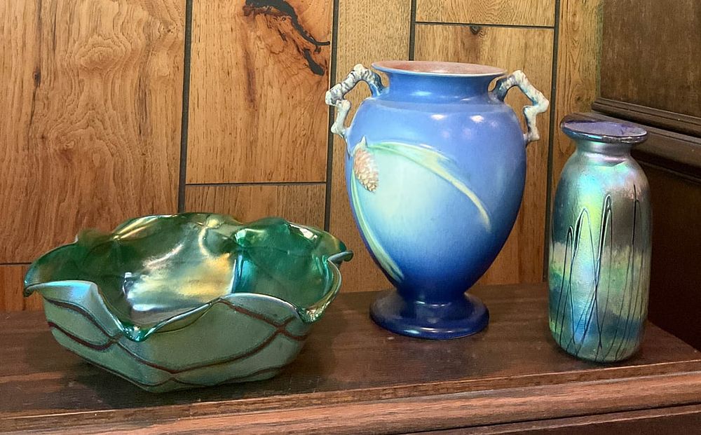 Lot 315: Roseville Pinecone Vase And 2 Art Glass Pieces