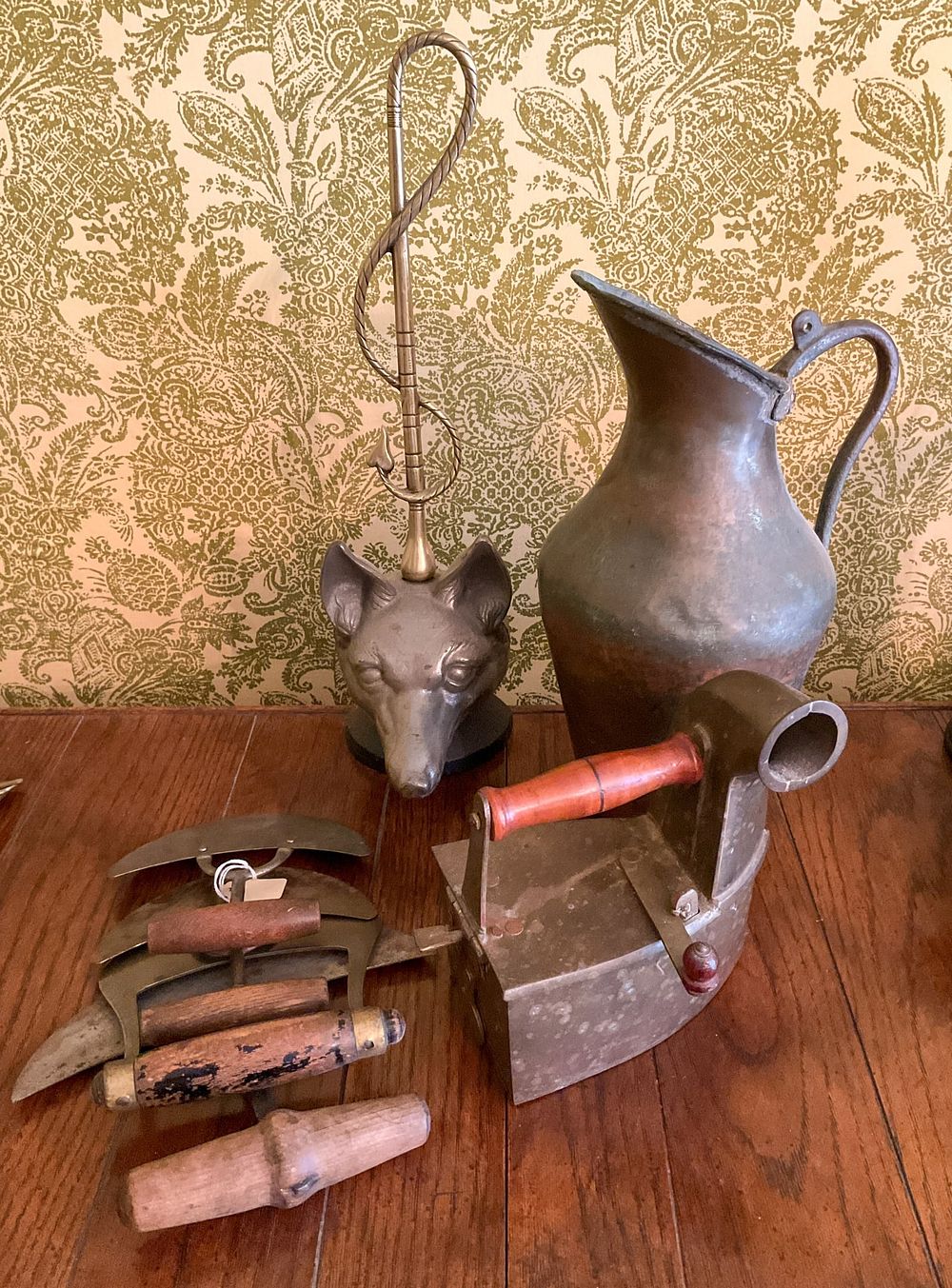 Lot 326: Copper Pitcher, Charcoal Iron, Cast Iron Door Stop