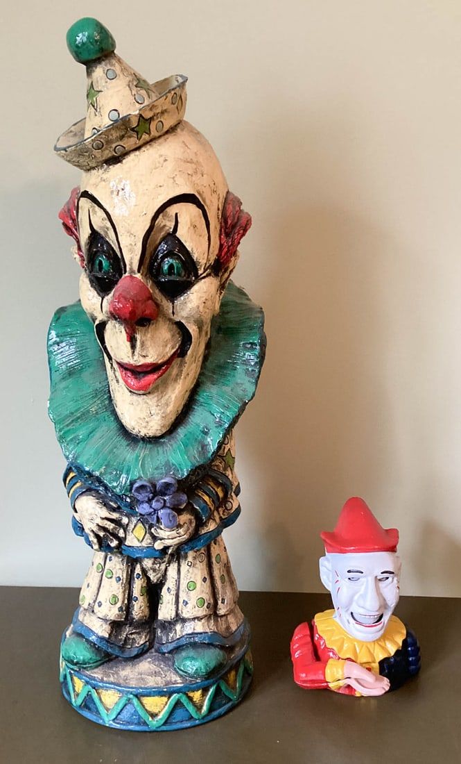 Lot 354: Large Clown Statue and Mechanical Clown Coin Bank