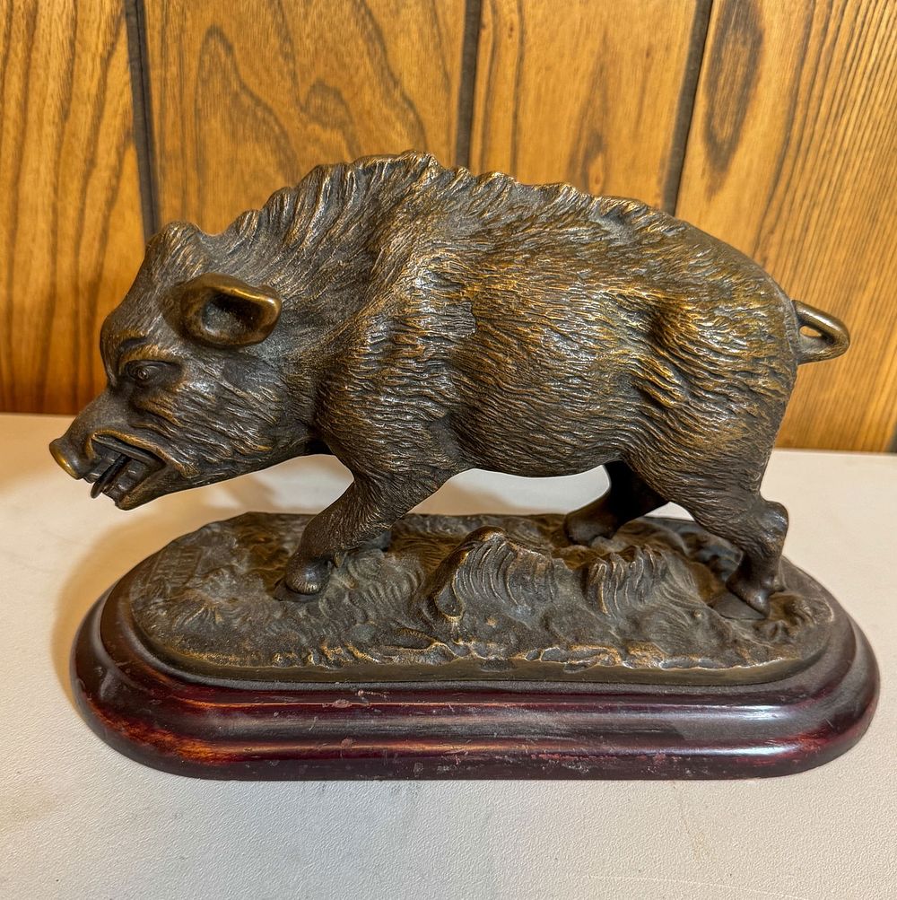 Lot 410: Bronze Boar On Wood Plinth Aninai Emlek